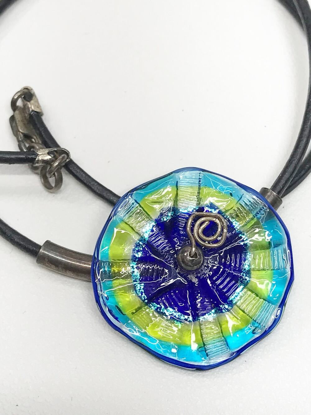 VTG Murano Art Glass Blue Dichroic Flower Sterling Silver 925 Leather Necklace